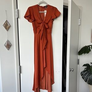 Rust High-Low Wrap Satin Sundress